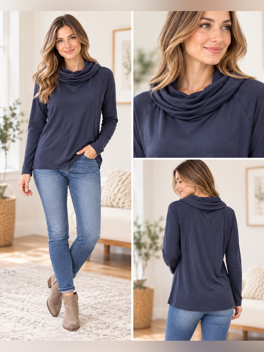 L.L.Bean Navy Supima Cotton Cowl Neck Top Women’s Medium